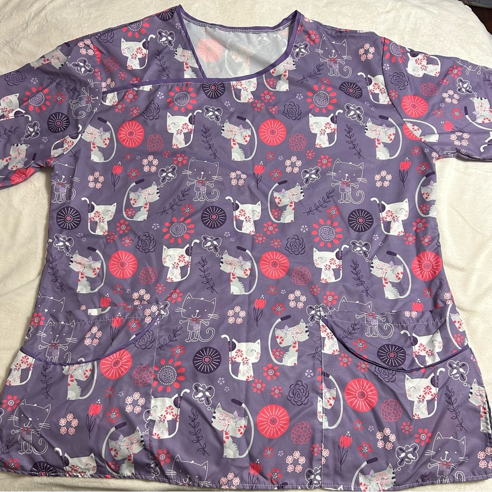 Brand new without tags, a 3XL Medical Scrub Top Purple and Pink with Gray Cats